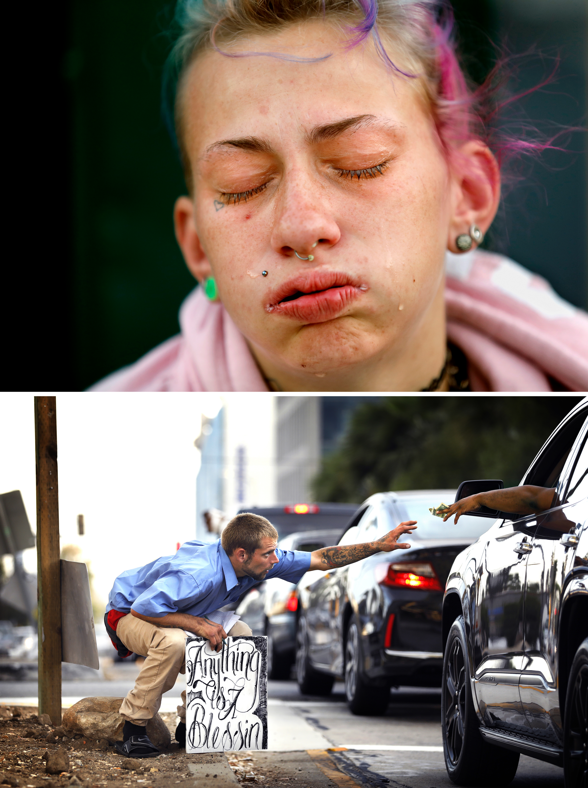 Two photos. A woman with colorful hair and eyes closed with tears on her cheeks. A man with a sign "Anything is a blessin"