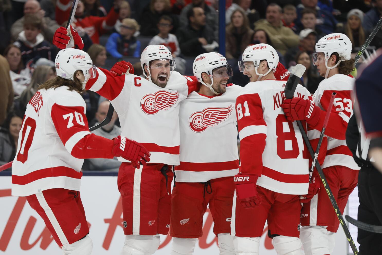 Detroit Red Wings left wing Tyler Bertuzzi (59) celebrates his goal against  the Los Angeles Kings in the third period of an NHL hockey game Wednesday,  Feb. 2, 2022, in Detroit. (AP