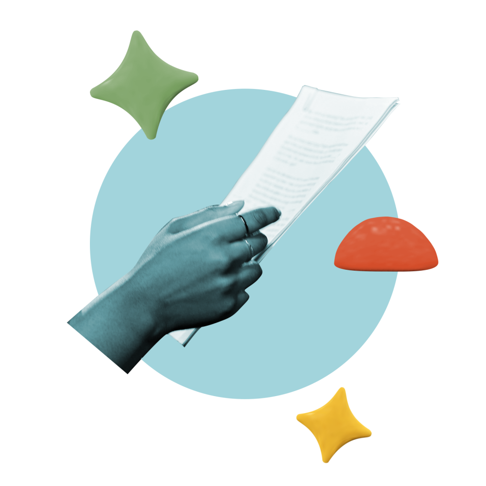 collage featuring a hand holding a script