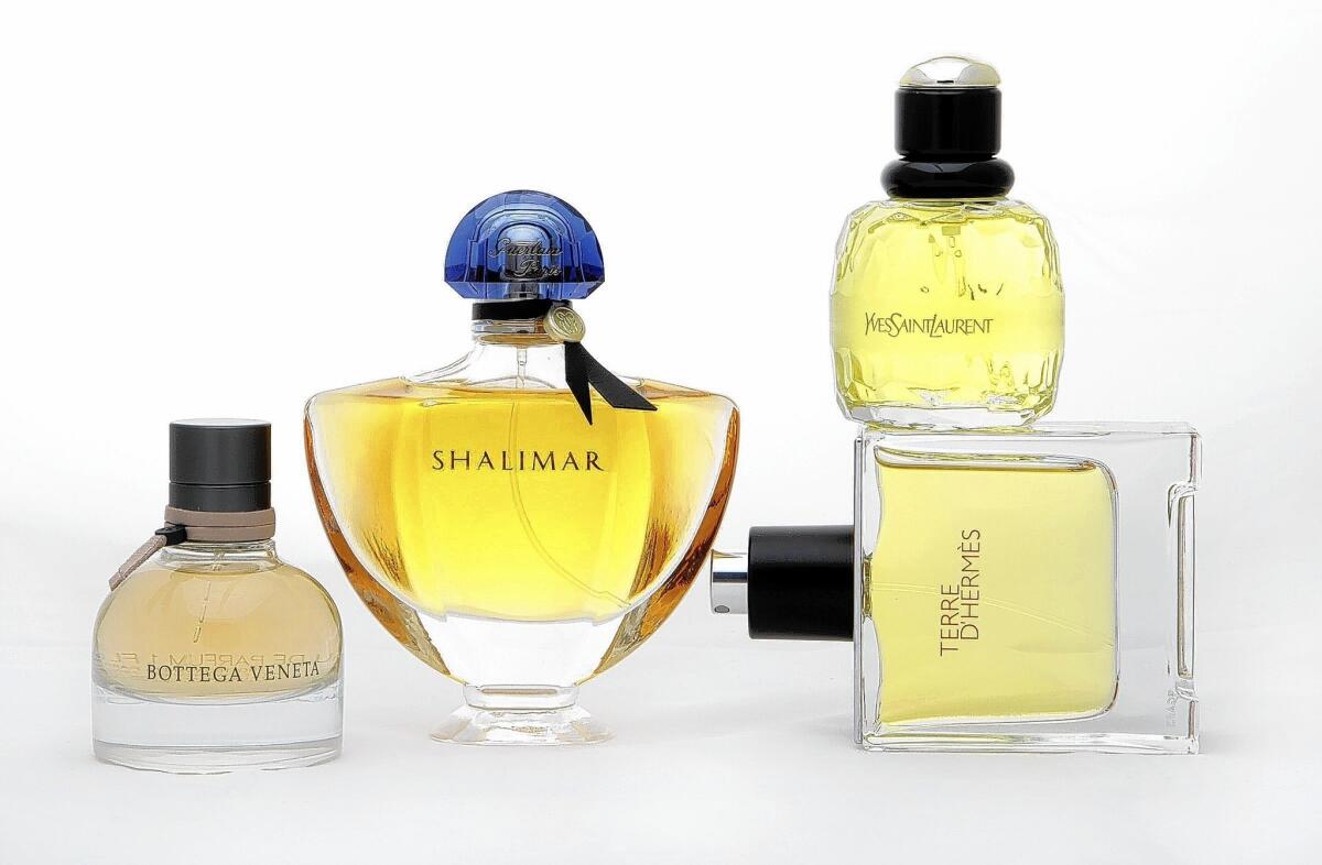 Left to right: Yves Saint Laurent, Shalimar, Terre D'Hermes and Bottega Veneta.