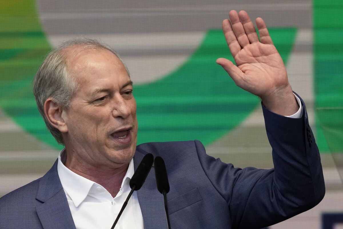 Former Finance Minister Ciro Gomes speaks during the officialization of his candidacy to run for president during the Democratic Labor Party national convention, in Brasilia, Brazil, Wednesday, July 20, 2022. (AP Photo/Eraldo Peres)