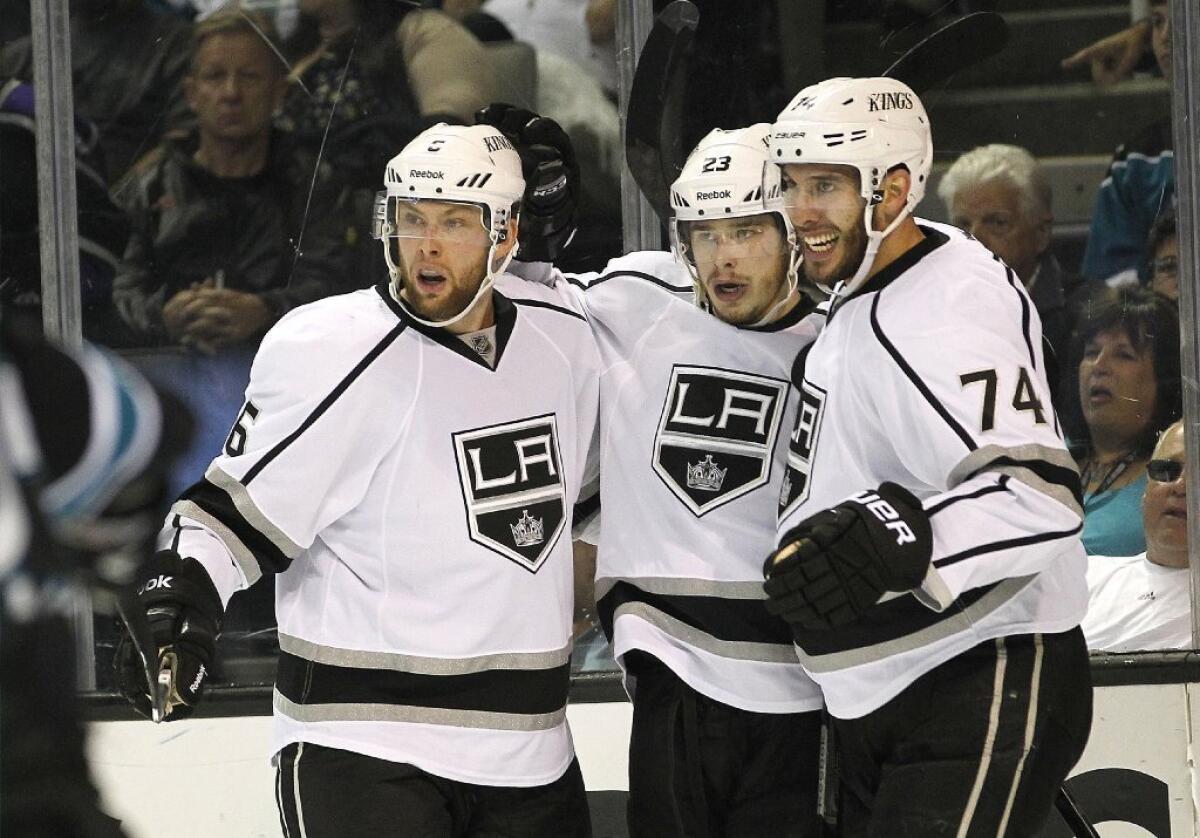 You have to figure that Jake Muzzin, left, Dustin Brown, center, and Dwight King of the Kings will be keyed up for Game 7 tonight.