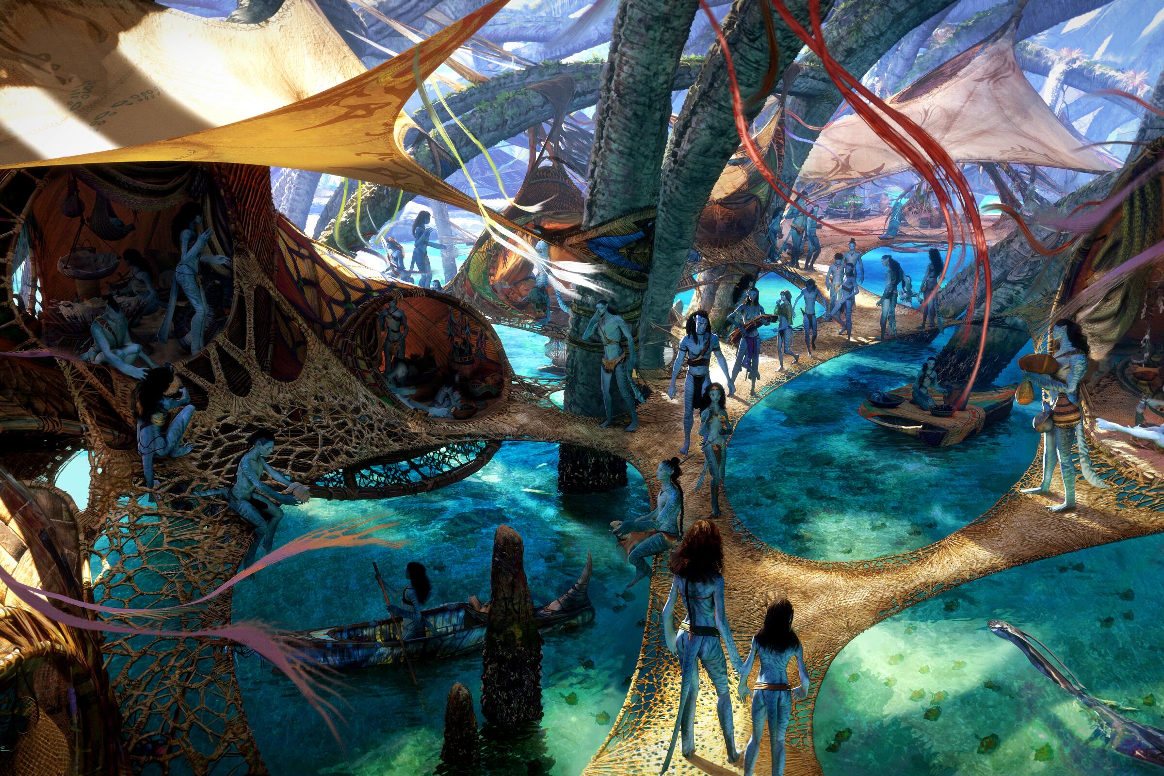 Concept art shows walkways and communal spaces suspended from the roots of giant trees for "Avatar: The Way of Water."