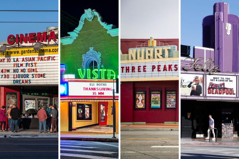 a photo collage of 4 movie theater facades side by side