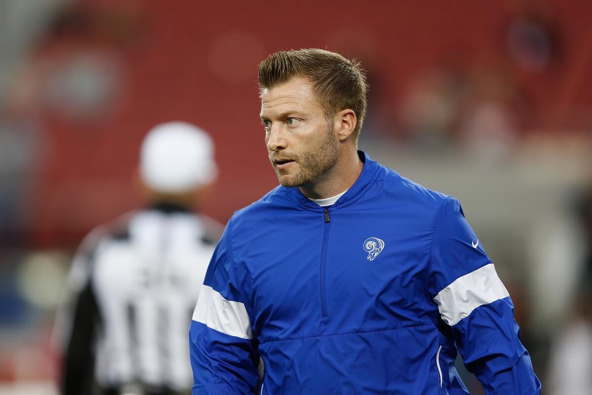 Rams coach Sean McVay looks on before a game against the 49ers.
