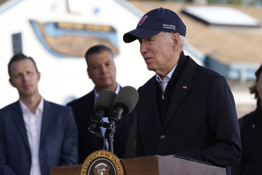 President Joe Biden speaks at Seacliff State Park in Aptos, Calif., Thursday, Jan 19, 2023, after seeing storm damage caused by the recent storms. (AP Photo/Susan Walsh)