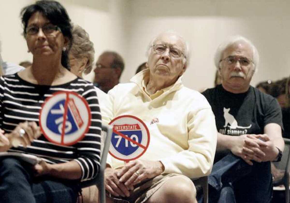 Hundreds of people turned out for a forum on the proposed extension of the Long Beach (710) Freeway on Sept. 18, 2012, at the Pasadena Convention Center. Panelists said a new tunnel would likely cause air pollution problems.