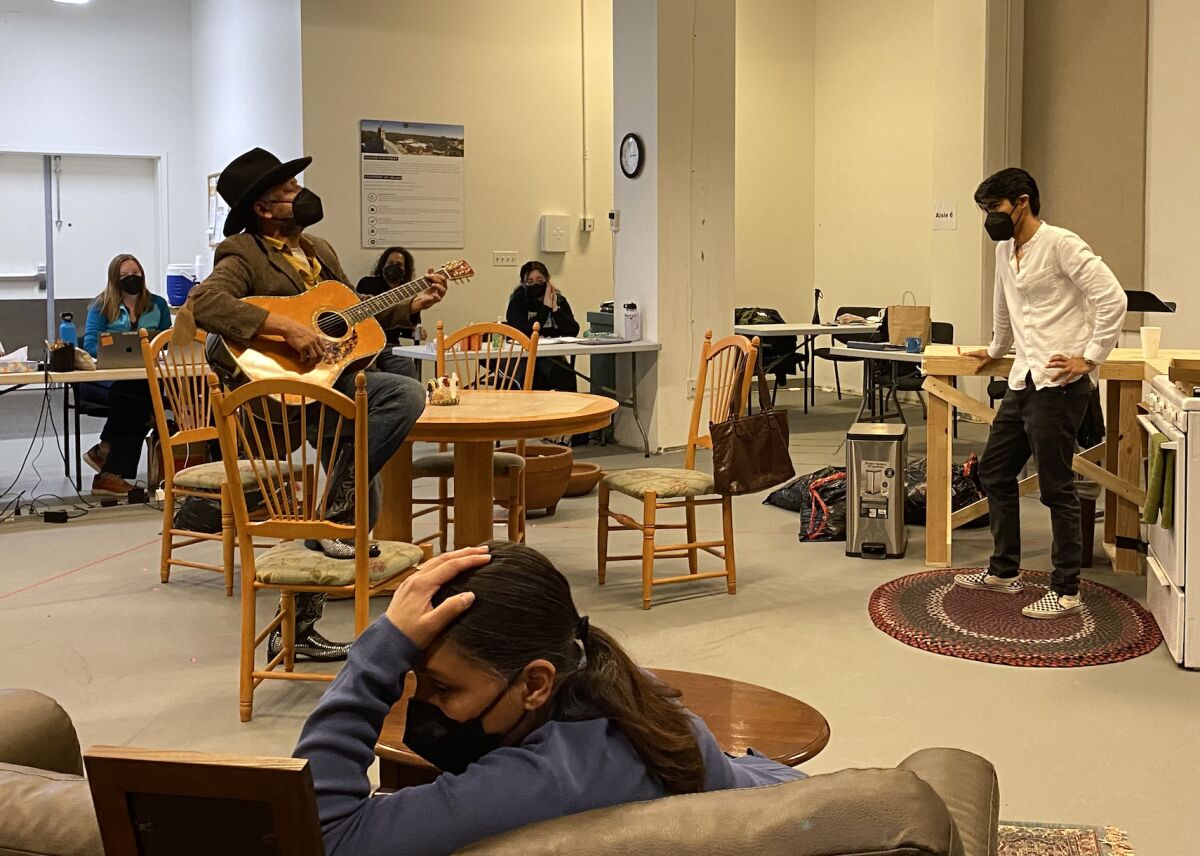 Actors rehearse a scene for "El Borracho" at the Old Globe on Feb. 1.