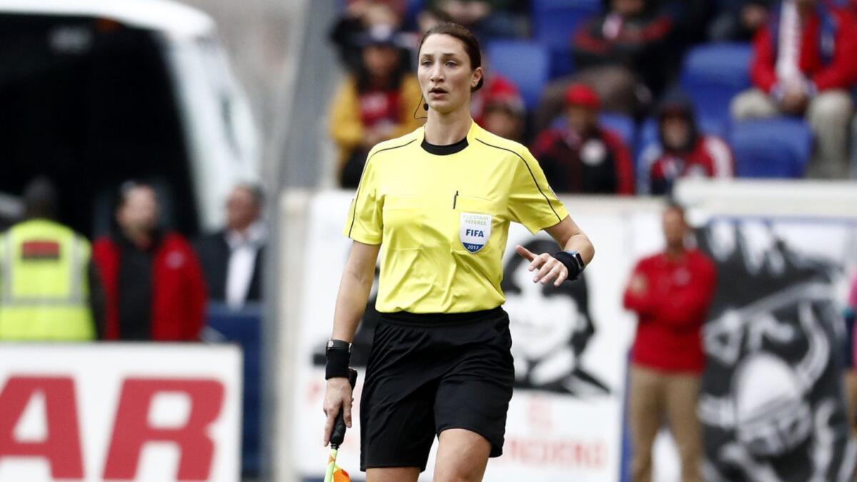 Line official Kathryn Nesbitt watches play during a match between Real Salt Lake and the New York Red Bulls on March 25.