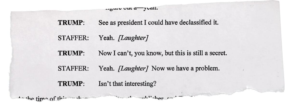 Excerpt from Donald Trump florida indictment with text transcript referring to classified documents.