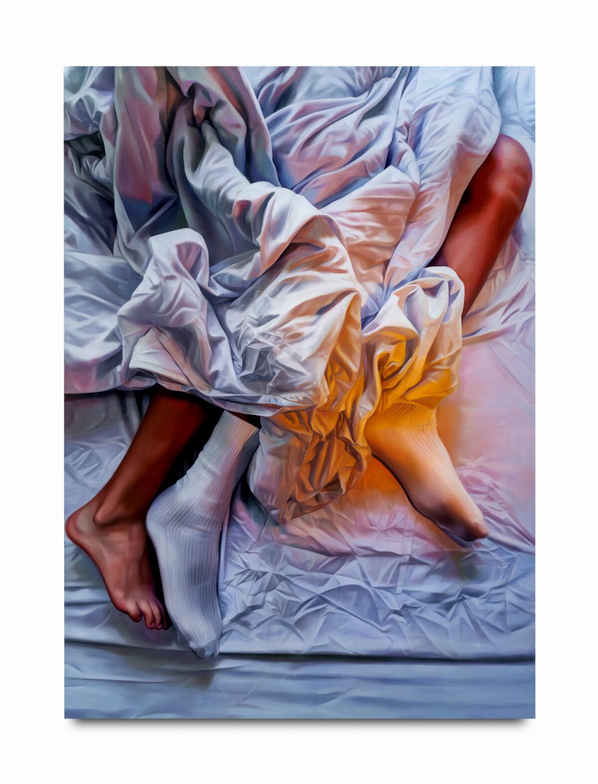 An oil painting of three feet sticking out of bed sheets.