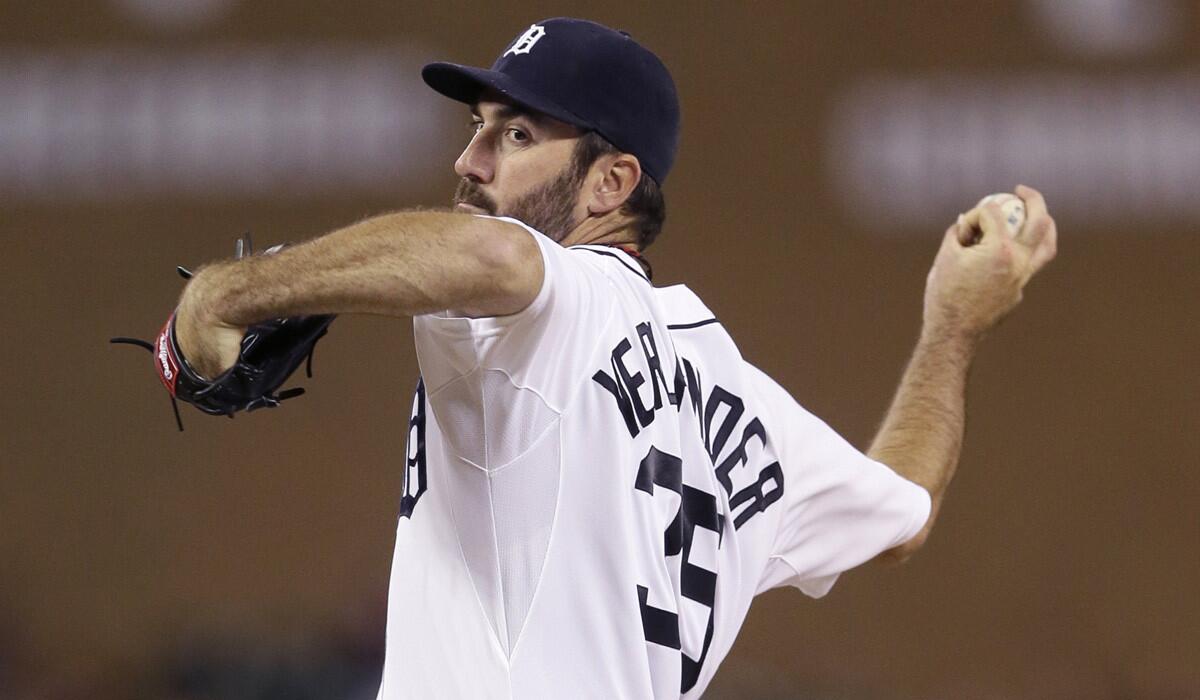 Detroit Tigers starting pitcher Justin Verlander throws during the seventh inning against the Angels on Wednesday.