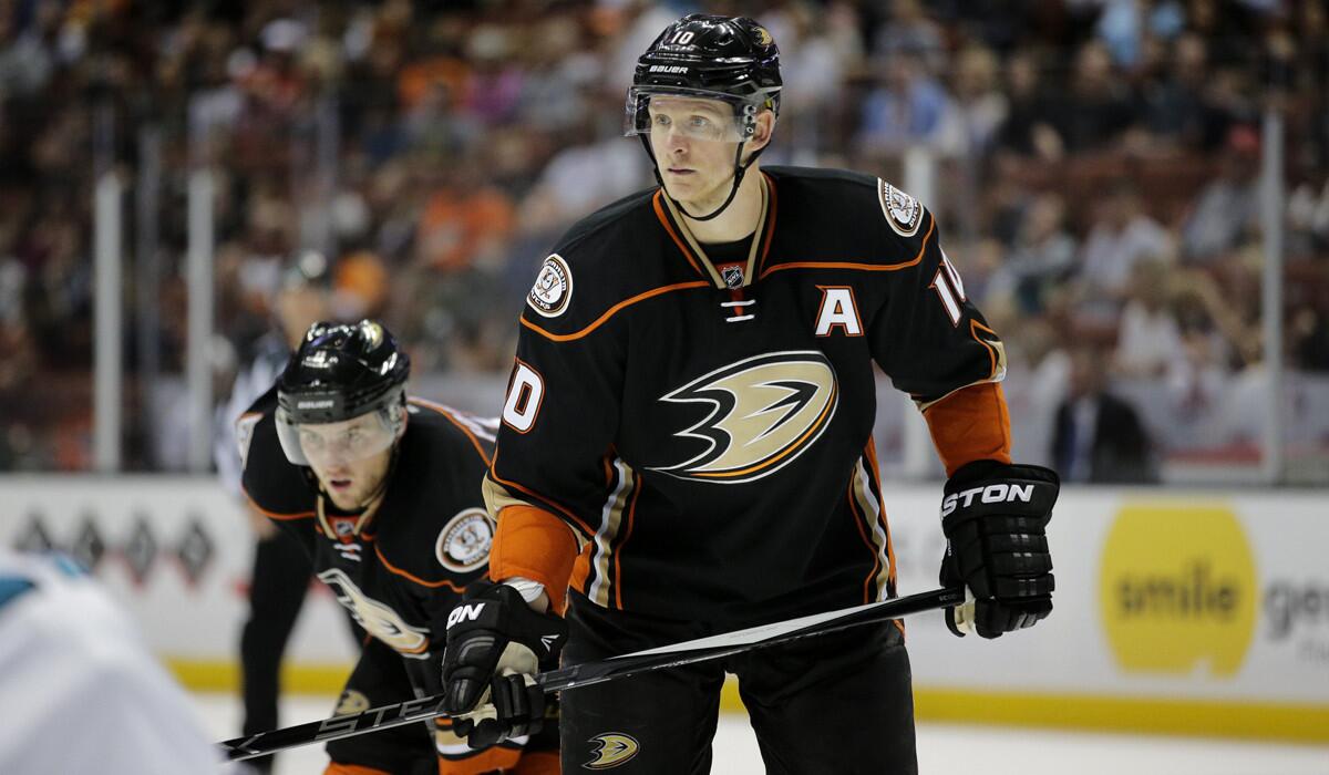 Anaheim Ducks' Corey Perry stands on the ice during the second period of a preseason game against the San Jose Sharks on Oct. 3.