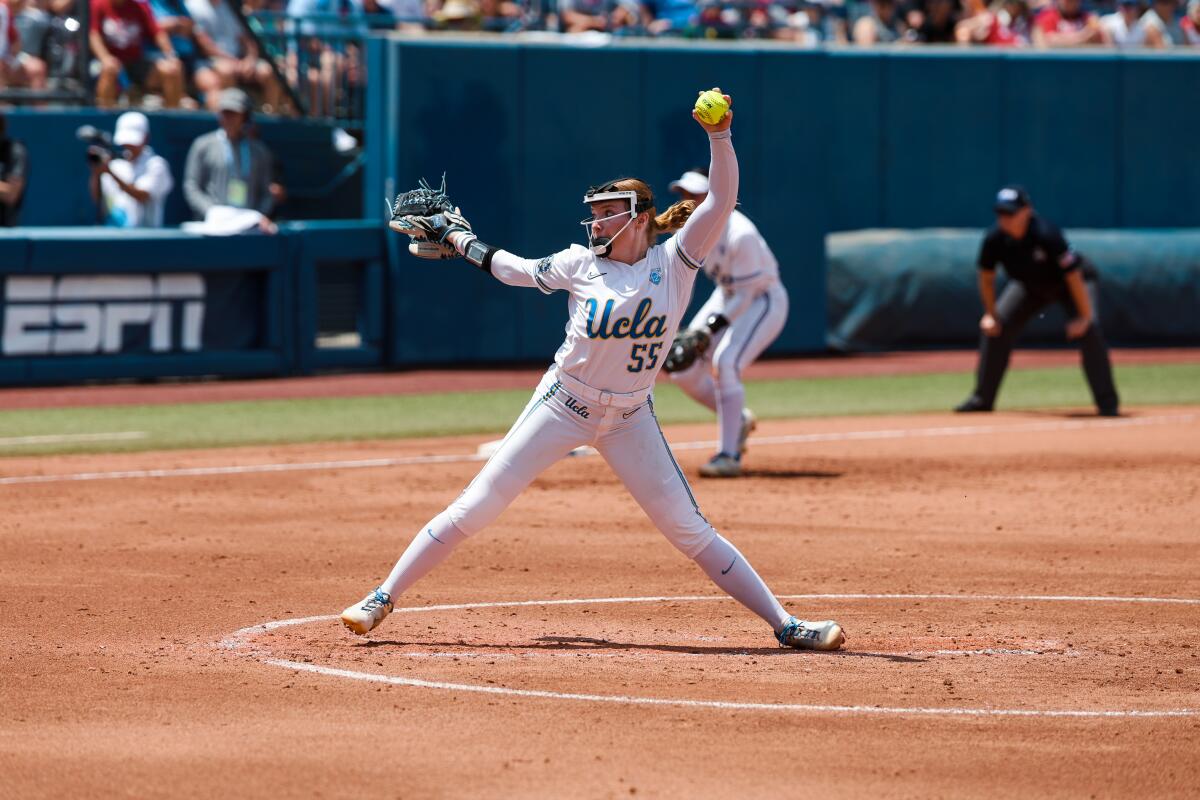 UCLA pitcher Kaitlyn Terry delivers during a 1-0 loss to Oklahoma in the Women's College World Series.