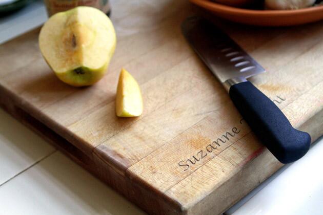 An apple cut, ready to eat, sits on the counter along with tomatoes, lemons, a loaf of bread from Bay Cities Italian Deli in Santa Monica. Tracht enthuses about the Umbrian lentils she buys there; two bags sit in a cupboard that also holds Nutella and chestnut honey for tea, and truffle salt for topping pasta with butter and Parmesan cheese.