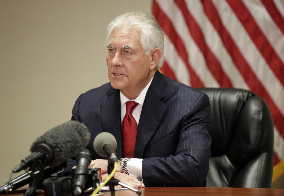Secretary of State Rex Tillerson speaks to the media on Thursday hours before the U.S. strike in Syria.
