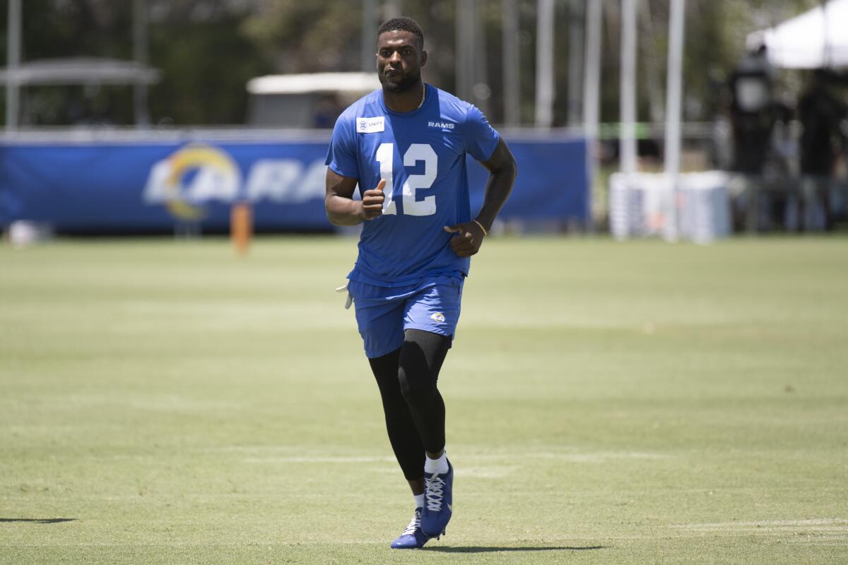 Rams wide receiver Van Jefferson runs during practice in Irvine on July 26.