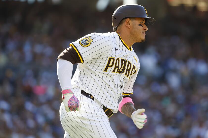 San Diego, CA - April 10: San Diego Padres' Manny Machado runs out a single in the fourth inning against the Chicago Cubs at Petco Park on Wednesday, April 10, 2024. (K.C. Alfred / The San Diego Union-Tribune)