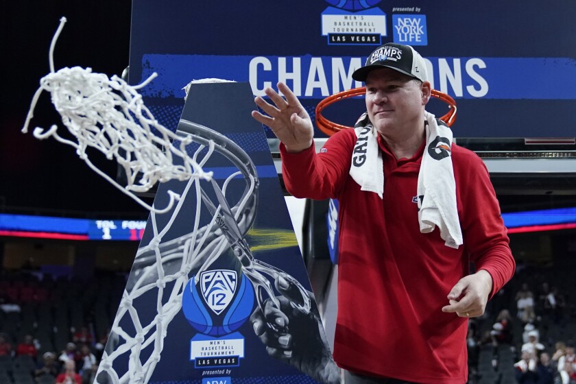 Arizona head coach Tommy Lloyd cuts down the net after defeating UCLA in an NCAA college basketball game in the championship of the Pac-12 tournament Saturday, March 12, 2022, in Las Vegas. (AP Photo/John Locher)