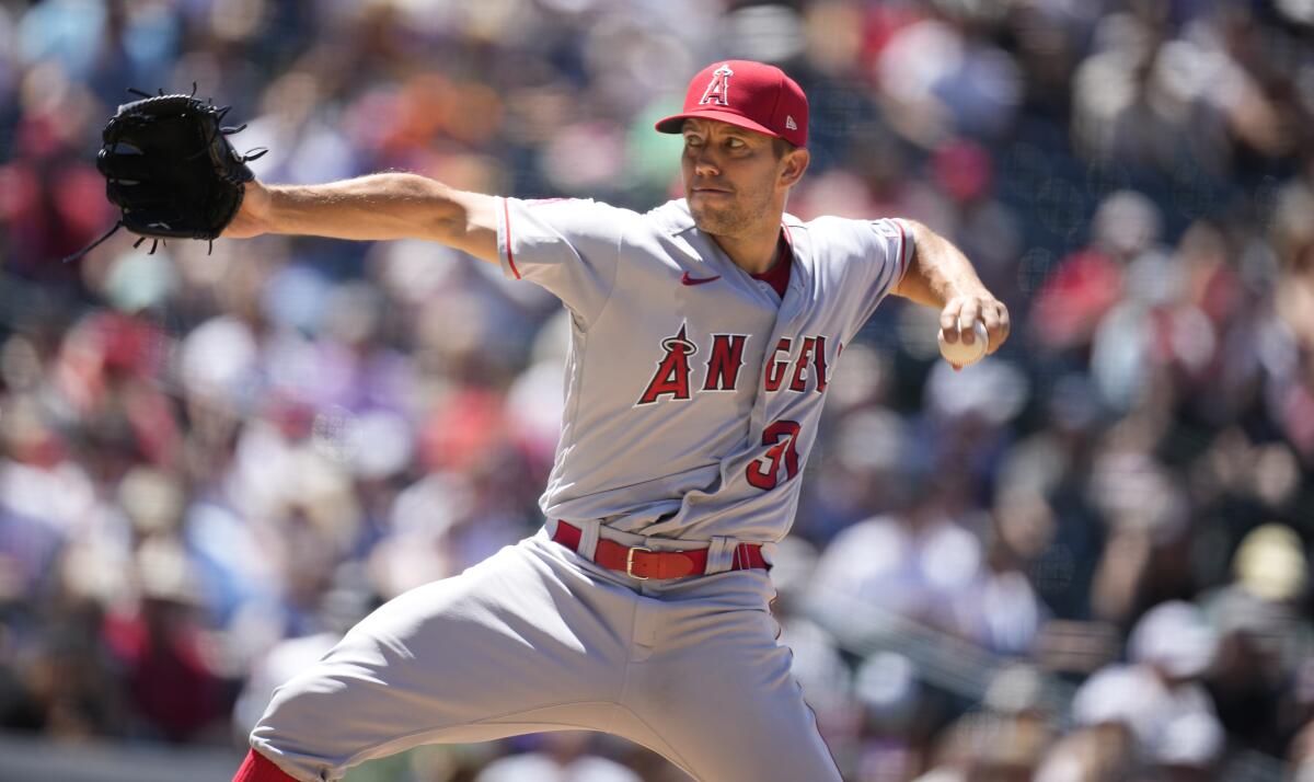 Angels starting pitcher Tyler Anderson throws against the Colorado Rockies at Coors Field.