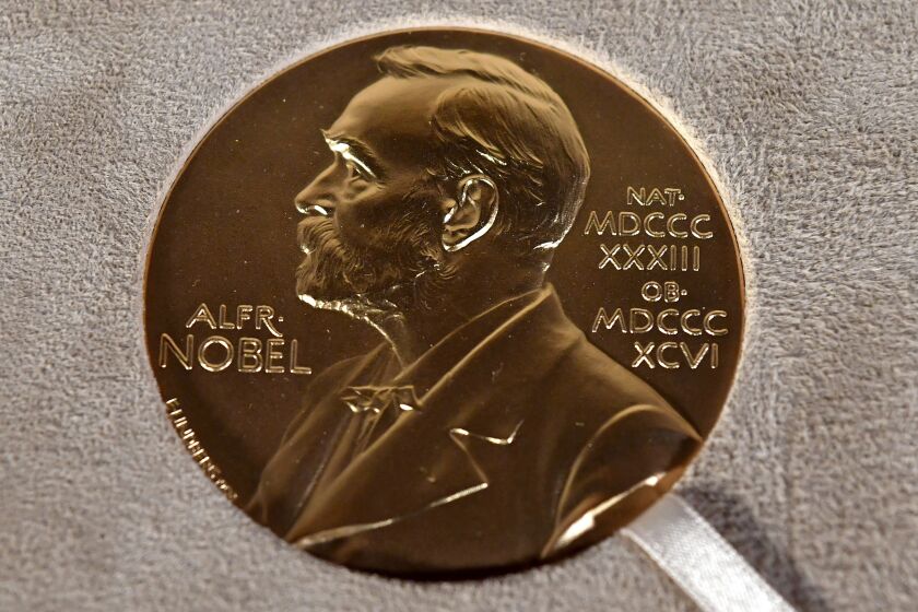 FILE - A Tuesday, Dec. 8, 2020 file photo of a Nobel medal displayed during a ceremony in New York. (Angela Weiss/Pool Photo via AP, File)