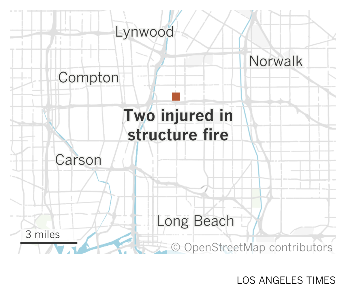 A map of Long Beach and southeast L.A. shows the location of a fire at a commercial building