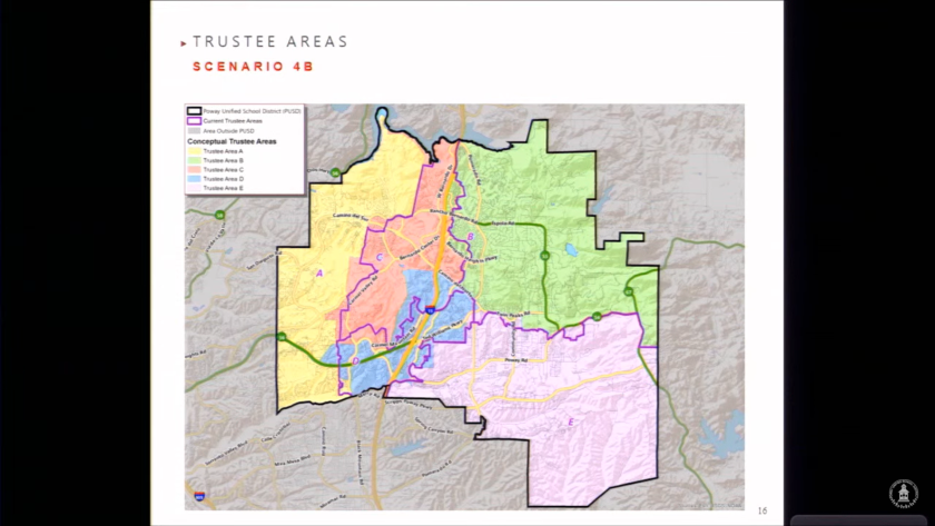 The new trustee boundaries for Poway Unified School District are show in a screenshot from a Thursday night meeting.