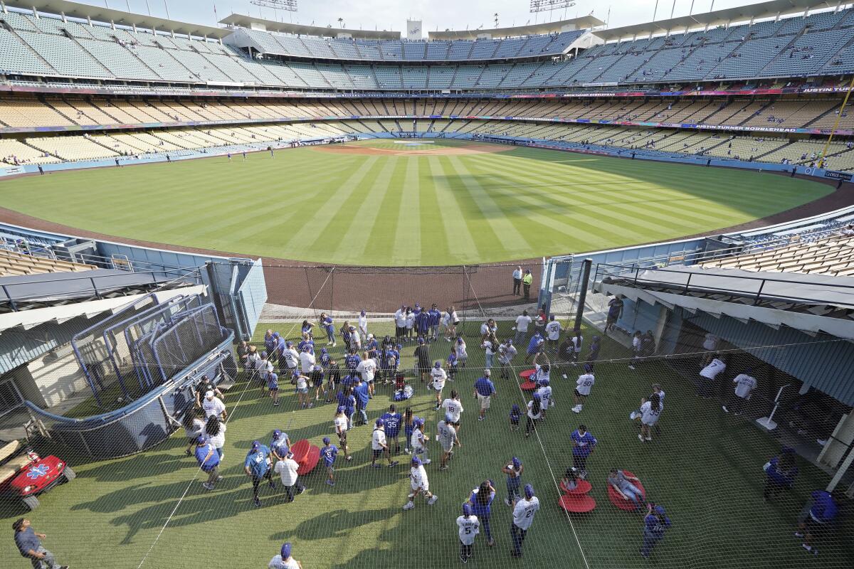 An aerial view of fans in Dodger Stadium 