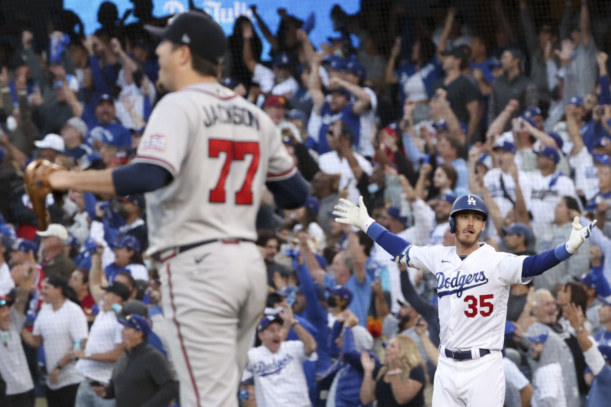 Los Angeles Dodgers' Cody Bellinger celebrates after a three-run home run.