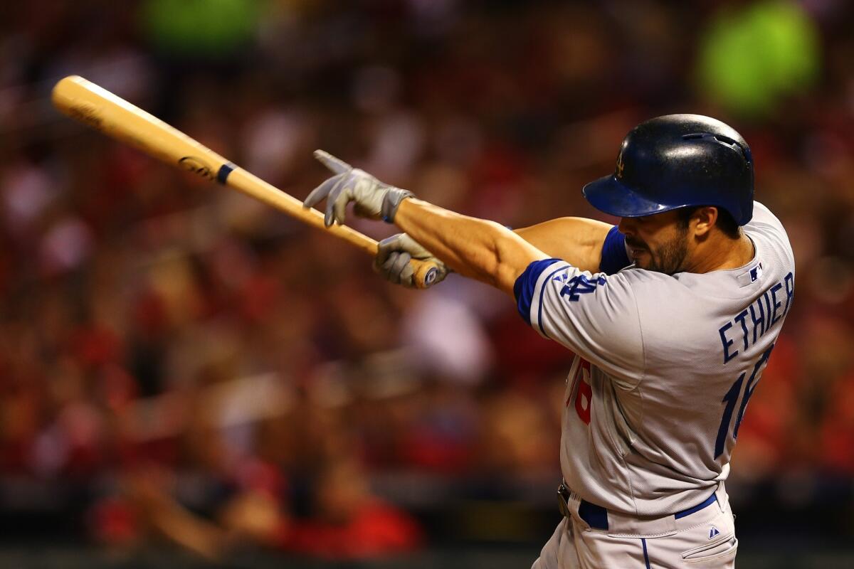 Dodgers center fielder Andre Ethier singles in the second inning of Game 1 on Friday night in St. Louis.