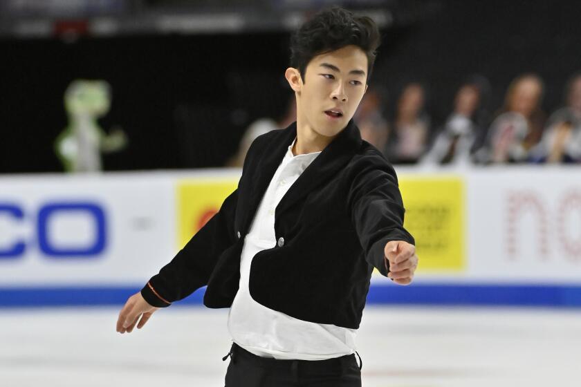 Nathan Chen of the United States competes during men's short program in the International Skating Union Grand Prix of Figure Skating Series Friday, Oct. 23, 2020, in Las Vegas. (AP Photo/David Becker)