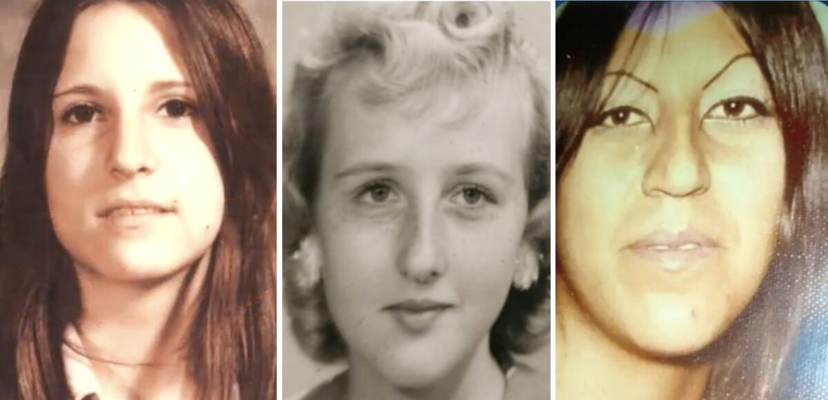 Close-up photos of three women smiling for photos.