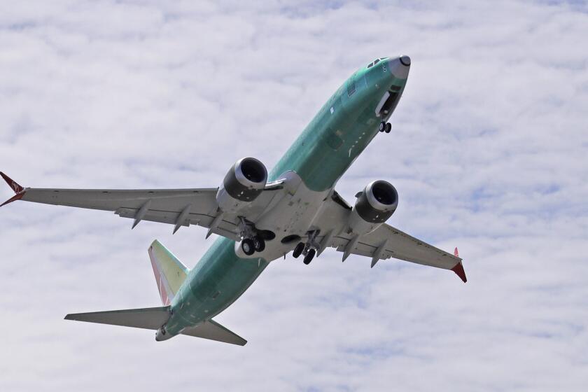 A Boeing 737 MAX 8 jetliner being built for Turkish Airlines takes off on a test flight, Wednesday, May 8, 2019, in Renton, Wash. Passenger flights using the plane remain grounded worldwide as investigations into two fatal crashes involving the airplane continue. (AP Photo/Ted S. Warren)