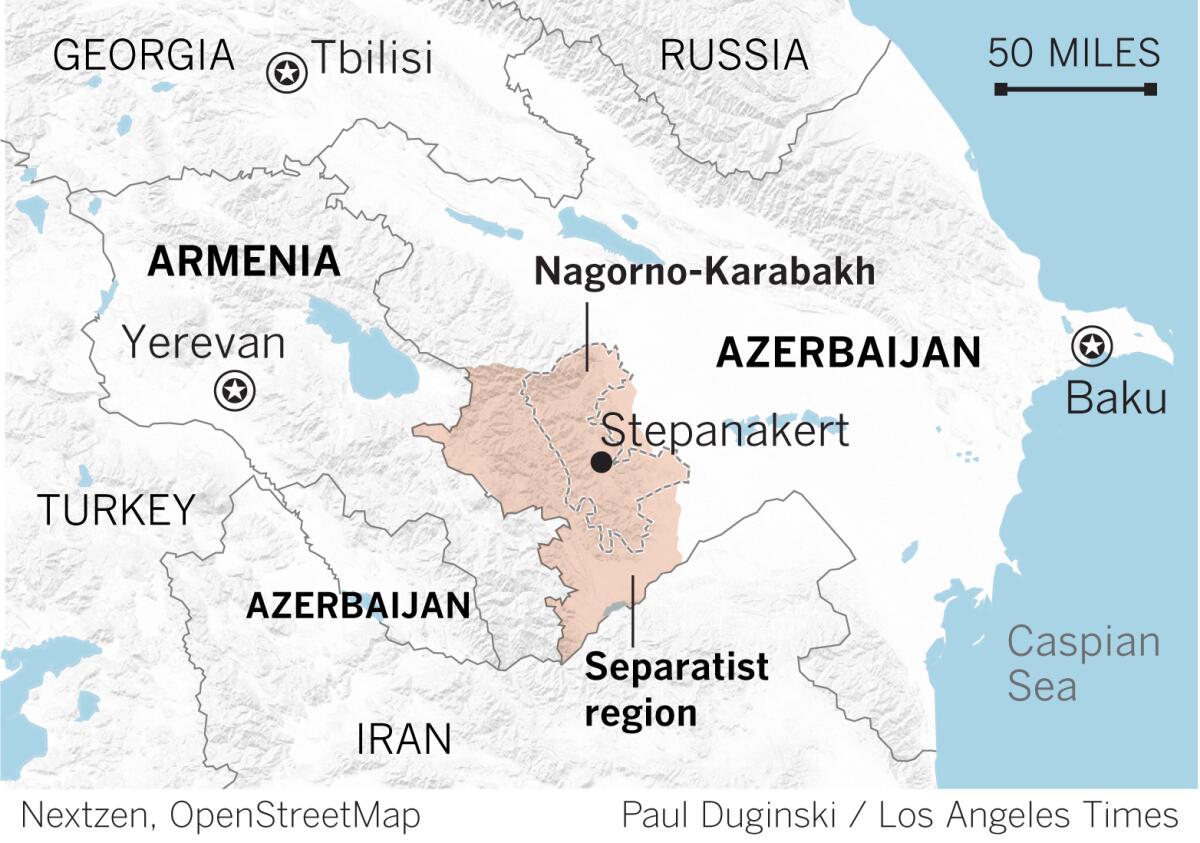 Map shows disputed region Nagorno-Karabakh between Armenia and Azerbaijan