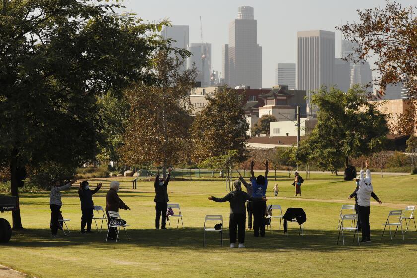LOS ANGELES, CA - NOVEMBER 19: Sipoo Shelene Hearring leads seniors in a Yang Style Tai Chi class at Los Angeles State Historic Park on Thursday November 19, 2020. A company funded by former Dodgers owner Frank McCourt has proposed a $125 million gondola lift that would fly customers over Los Angeles State Historic Park from Union Station to Dodger Stadium and activists are weighing in. Parents with children and local residents savored the grand opening of the new park in 2017 sandwiched between Chinatown and the L.A. River. Los Angeles State Historic Park, about a 10-minute walk from City Hall, has blossomed into a popular 32-acre urban oasis. Los Angeles State Historic Park on Thursday, Nov. 19, 2020 in Los Angeles, CA. (Al Seib / Los Angeles Times