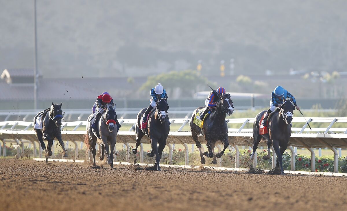 Nucky, right, ridden by Norberto Arroyo Jr., leads the way in the Del Mar Futurity.