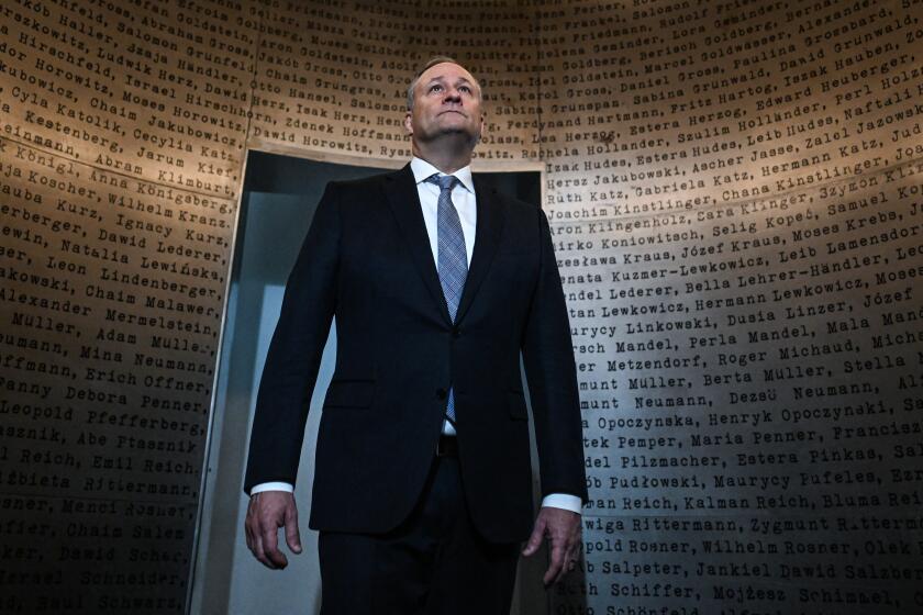 KRAKOW, POLAND - JANUARY 28: US Second Gentleman Douglas Emhoff visits an installation with workers names inside the Schindler factory museum on January 28, 2023 in Krakow, Poland. Mr Emhoff, husband of United States Vice President Kamala Harris, is the first Jewish husband of a U.S. president or vice president. On the second day of his visit to Poland, the Second Gentleman will meet with Ukrainian refugees and United Nations High Commissioner for Refugees (UNHCR) officials at a UNHCR community center and visit the historical Schindler Museum among other sites. (Photo by Omar Marques/Getty Images)
