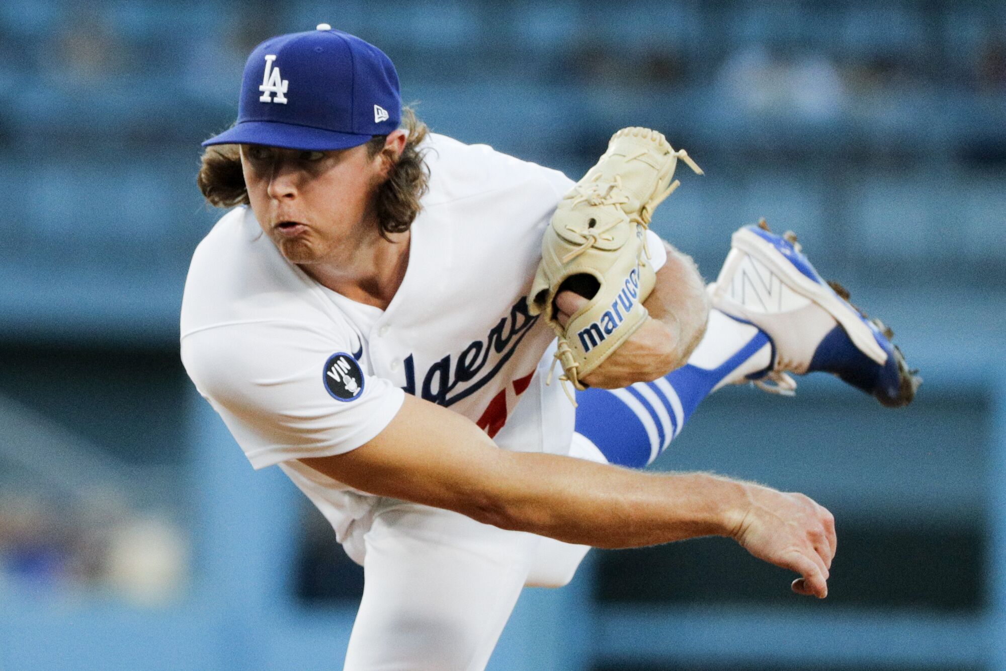 Ryan Pepiot pitches against the Minnesota Twins on Aug. 10, 2022, at Dodger Stadium.