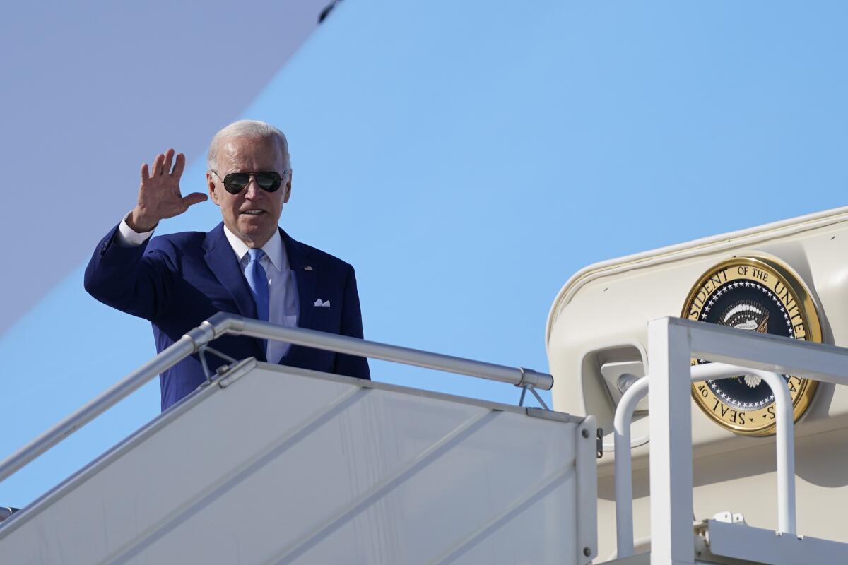 President Joe Biden waves before departure, July 16, 2022, in Jeddah, Saudi Arabia. (AP Photo/Evan Vucci)