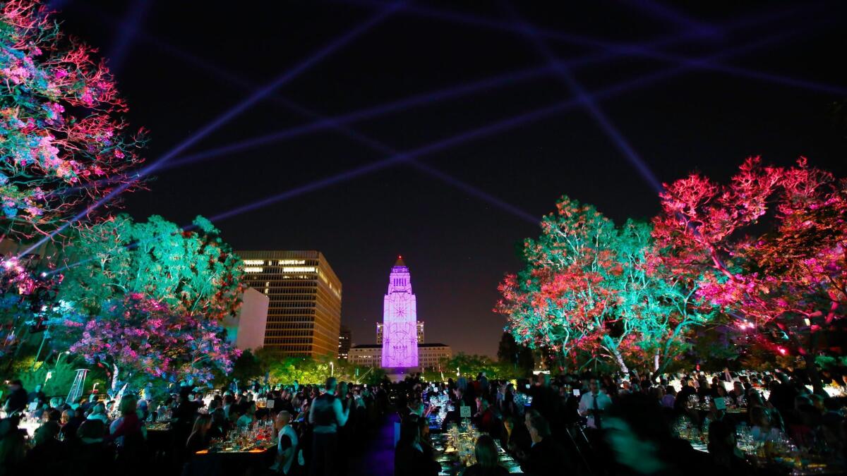 Center Theatre Group's 50th anniversary party in L.A.'s Grand Park on Saturday, with City Hall rising in the distance.