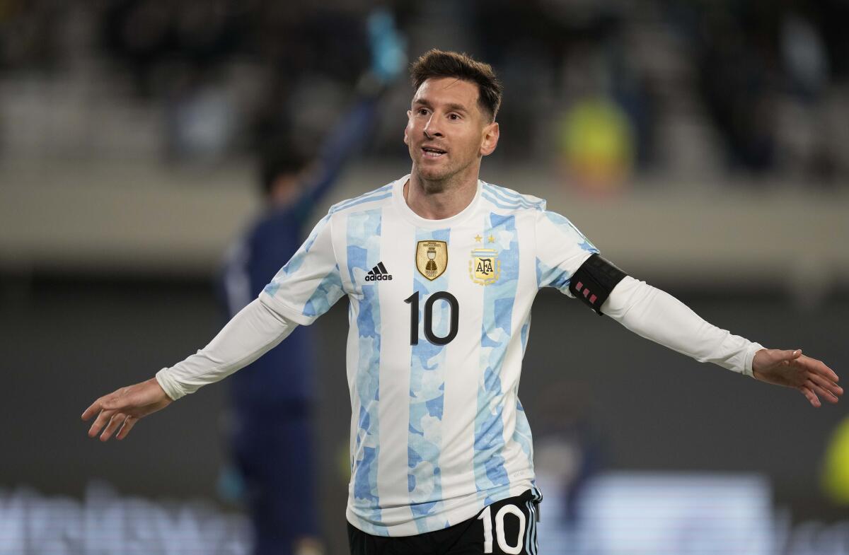 Argentina's Lionel Messi celebrates scoring his team´s third goal against Bolivia during a qualifying soccer match for the FIFA World Cup Qatar 2022, in Buenos Aires, Argentina, Thursday, Sept. 9, 2021. (AP Photo/Natacha Pisarenko, Pool)