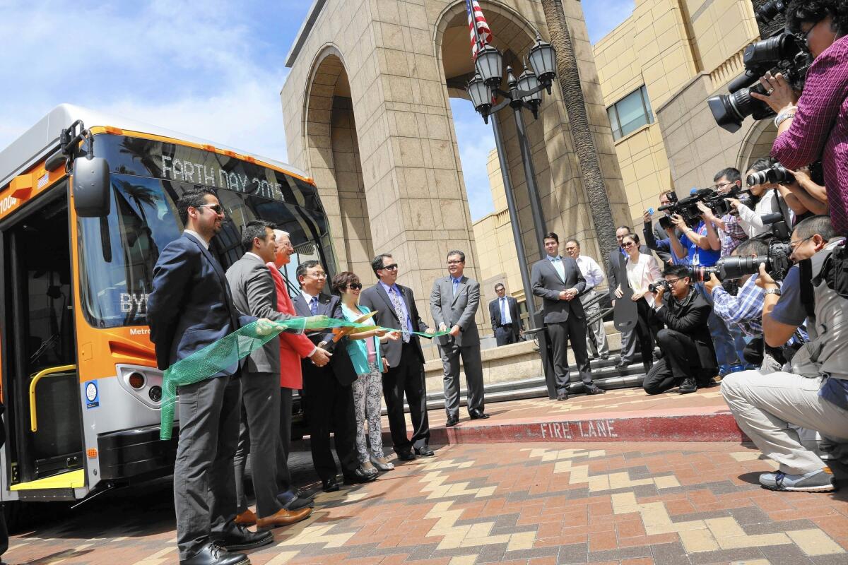 A ceremony marks the arrival of five electric buses for Los Angeles County.