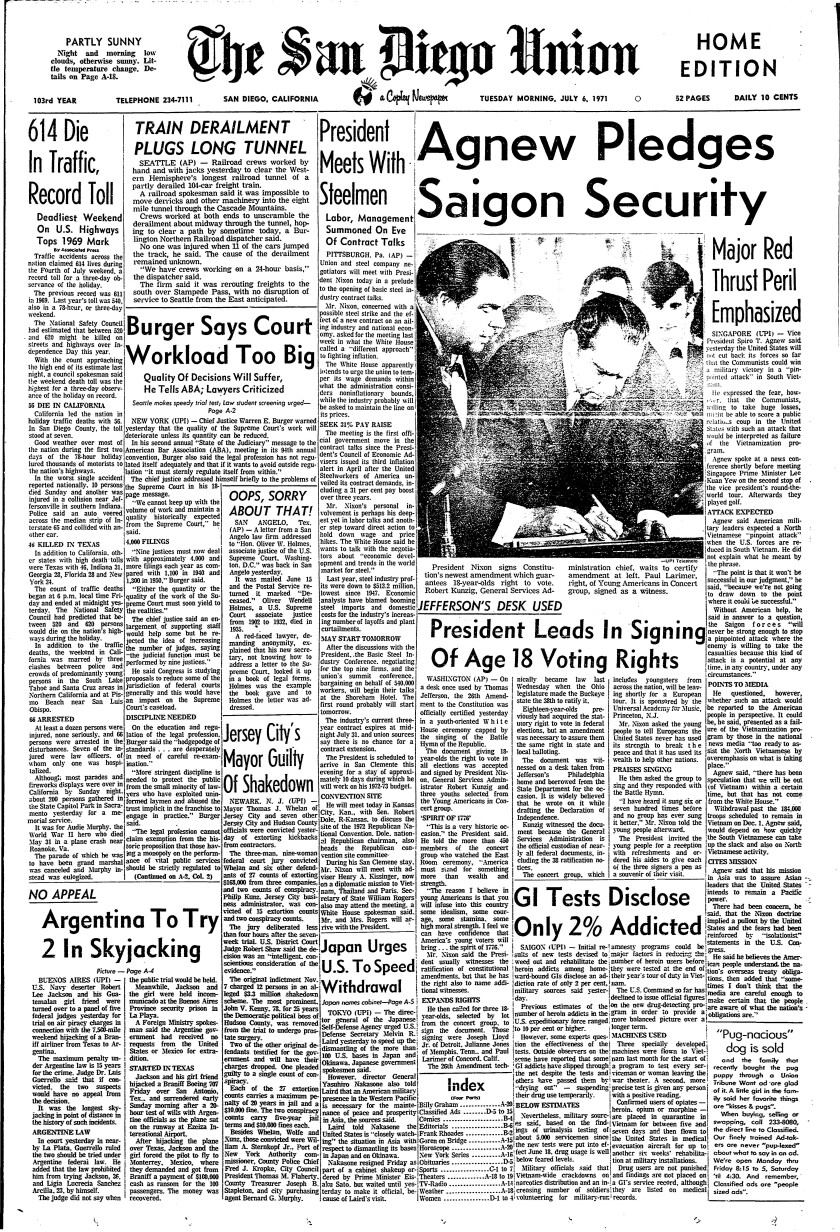 Front page of The San Diego Union, July 6, 1971.