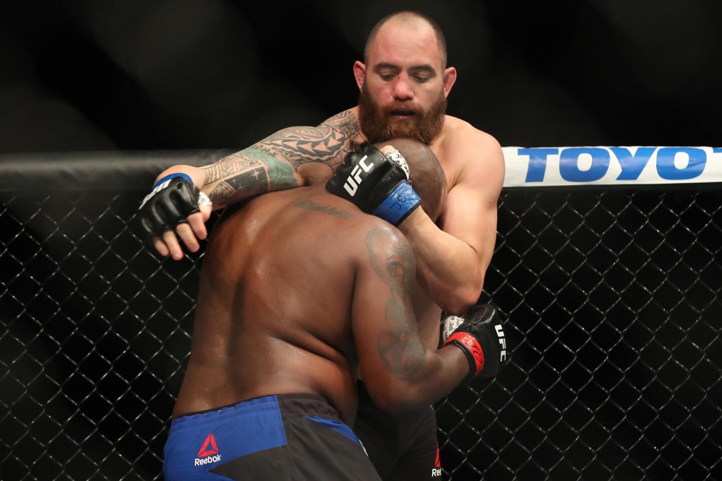 Feb 19, 2017; Halifax, NS, Canada; Derrick Lewis (red gloves) fights Travis Browne (blue gloves) during UFC Fight Night at Scotiabank Centre. Mandatory Credit: Tom Szczerbowski-USA TODAY Sports ** Usable by SD ONLY **