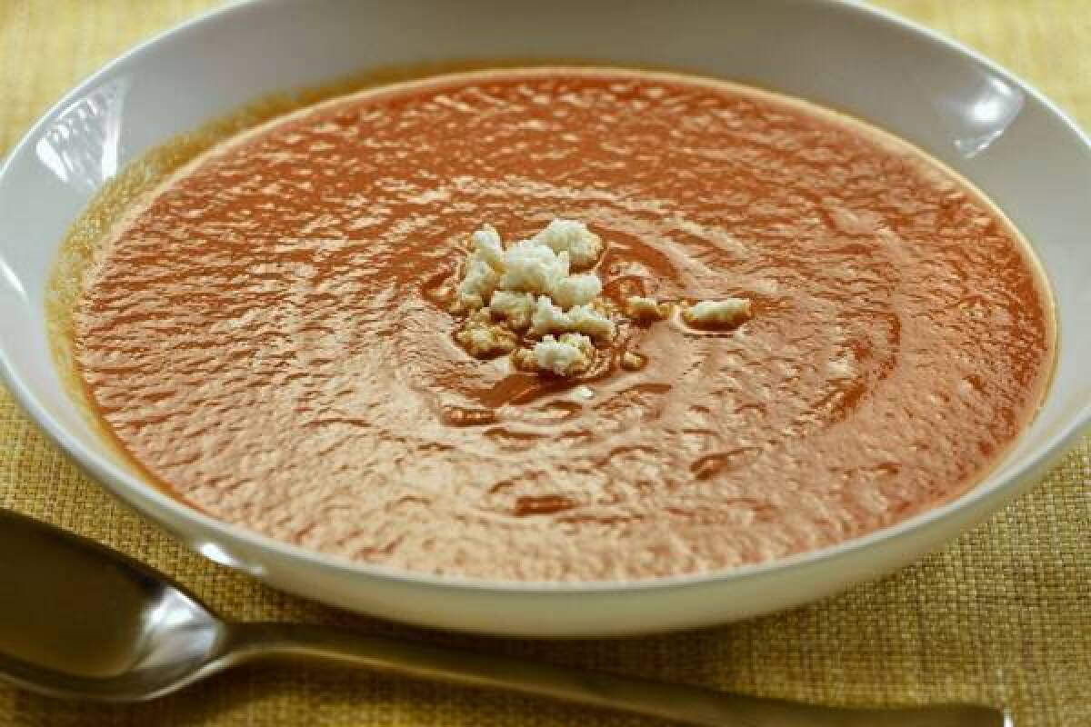 Roasted red pepper soup, adapted from a recipe from Elway's restaurant in Denver.