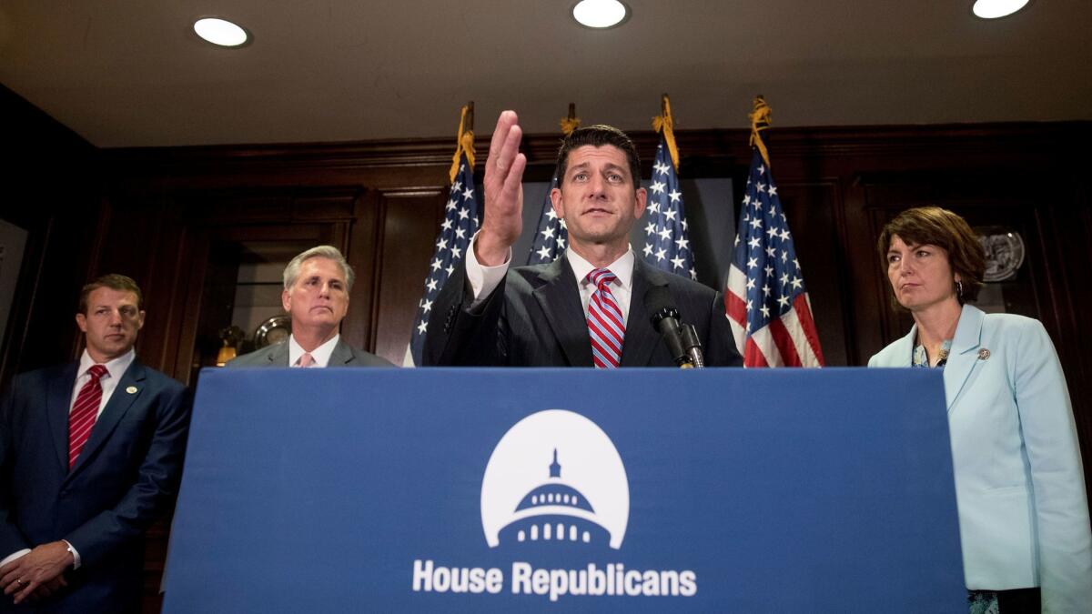 House Speaker Paul Ryan speaks at the Republican National Committee Headquarters in Washington on July 18.