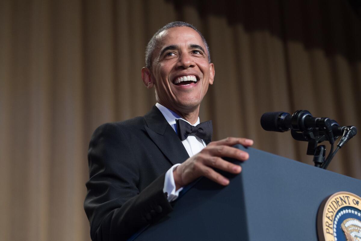 President Obama speaks at the White House Correspondents' Association dinner in Washington on Saturday.