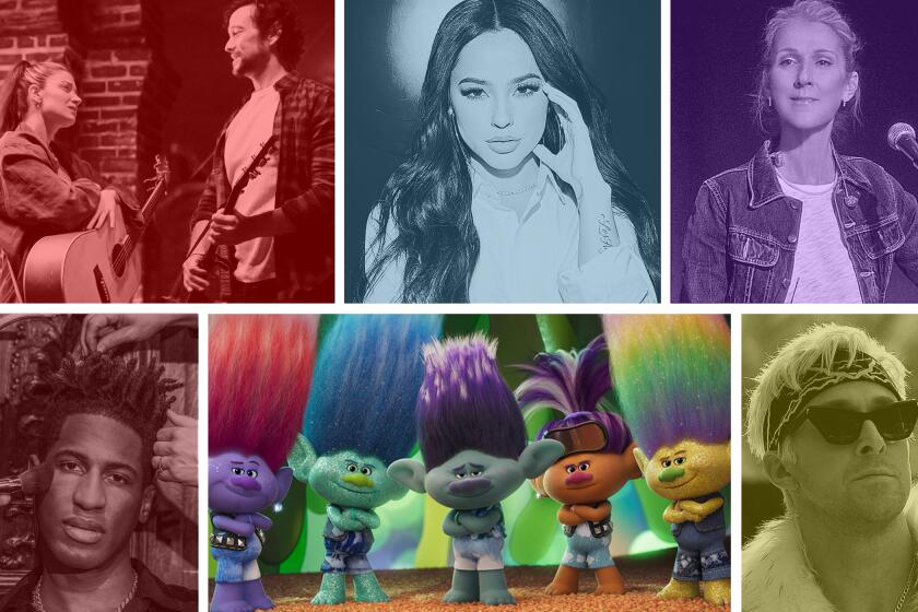 Six photos of performers featured in this year's best original song contenders playlist (w/ color screens over the pictures)