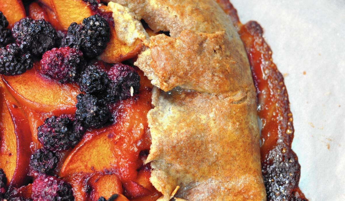 Peach and blackberry galette with spelt crust.