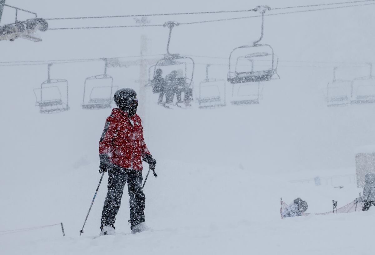     Skiers at Snow Summit on the slopes as a heavy snowstorm hits Big Bear. 